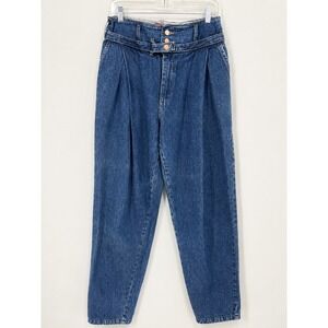 Vintage High Rise Pleated Belted Jeans USA Made Blue Cotton Denim Sz 13 Waist 30